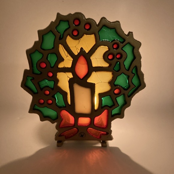 The Unbranded Brand Other - Vintage STAINED GLASS Cast Iron Wreath CANDLE HOLDER MCM 70s Christmas